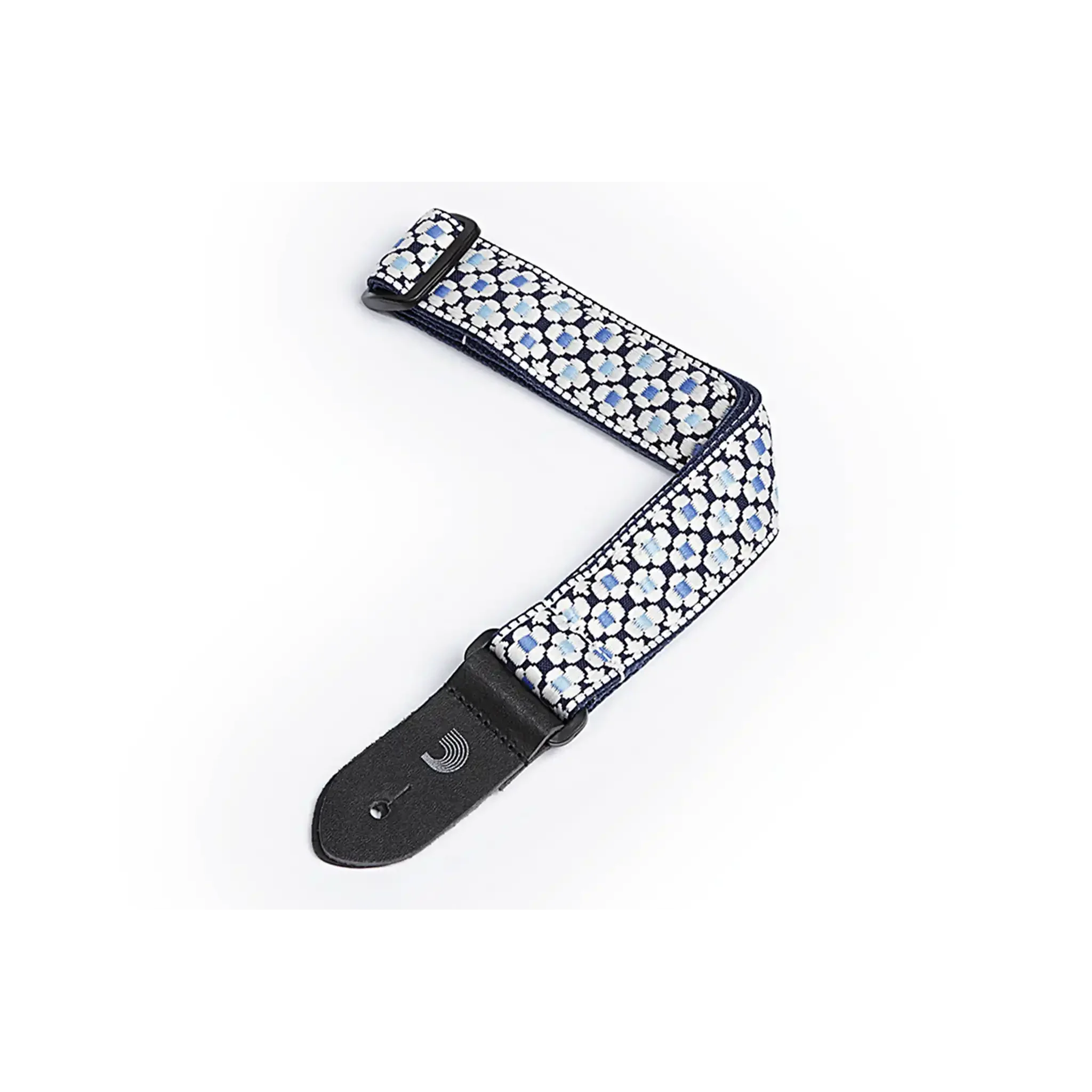 D'Addario Ukulele Strap Woven BLUE and WHITE Flowers 1-1/2 Inch