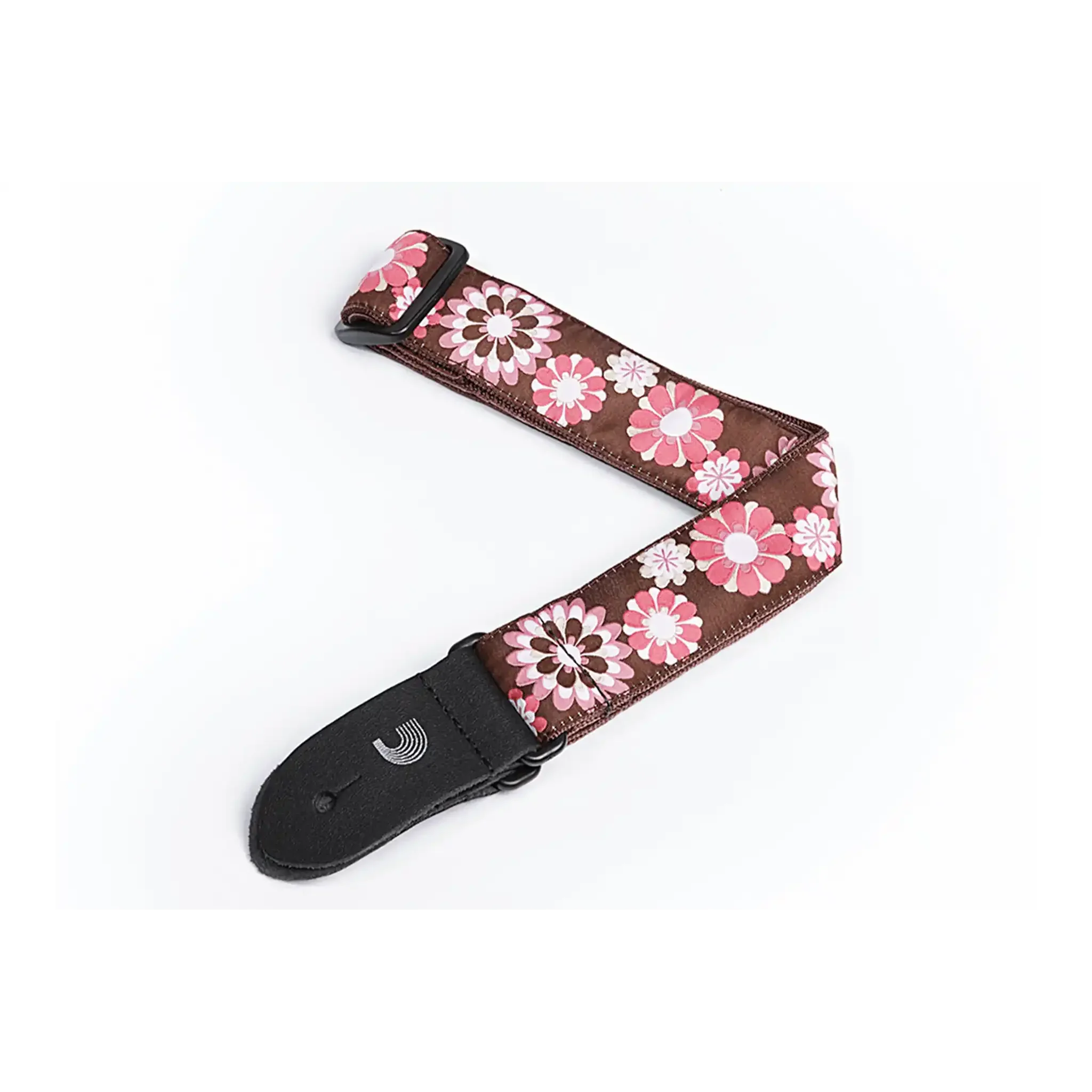 D'Addario Ukulele Strap Woven WHITE, BROWN and PINK Flowers 1-1/2 Inch
