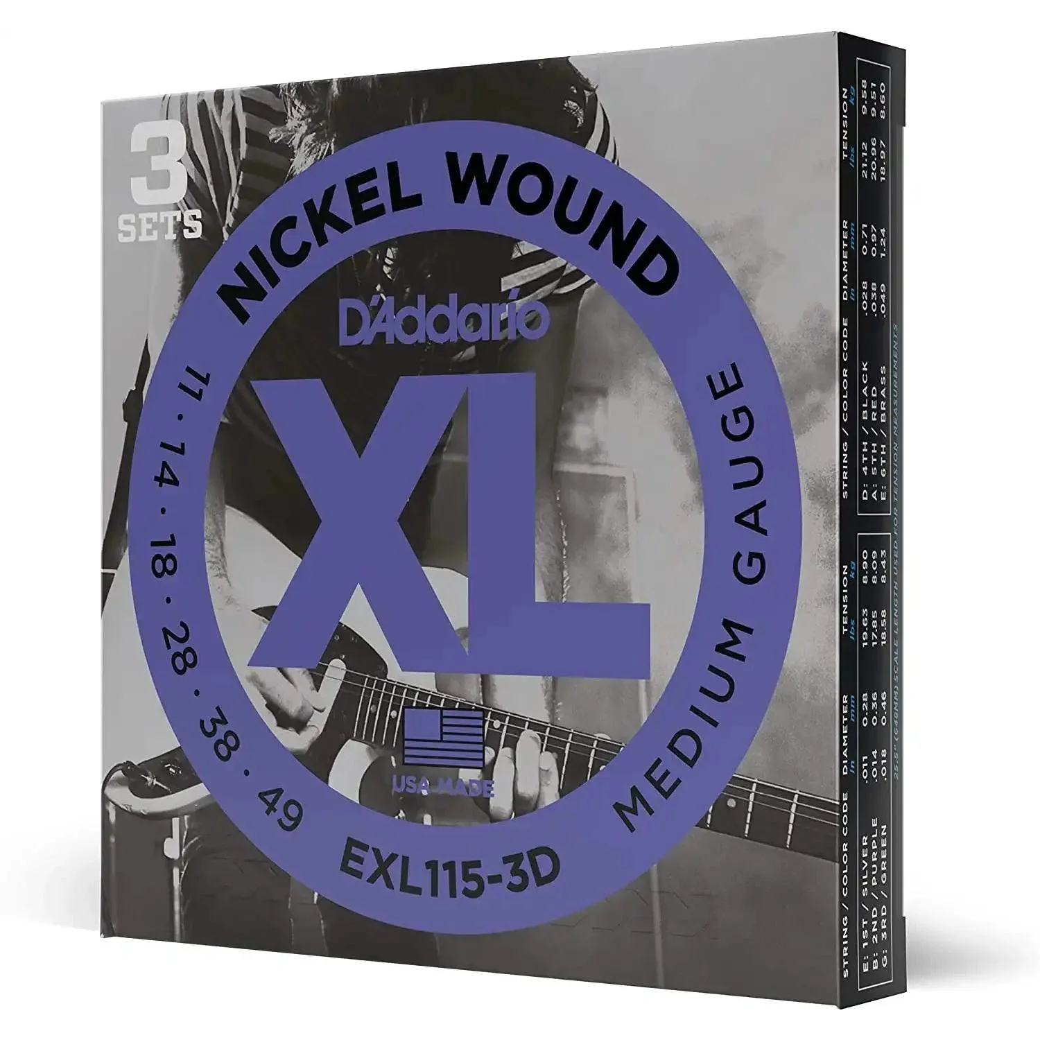 D'Addario EXL115-3D Nickel Wound Regular Light Gauge Electric Guitar Strings 3 Pack
