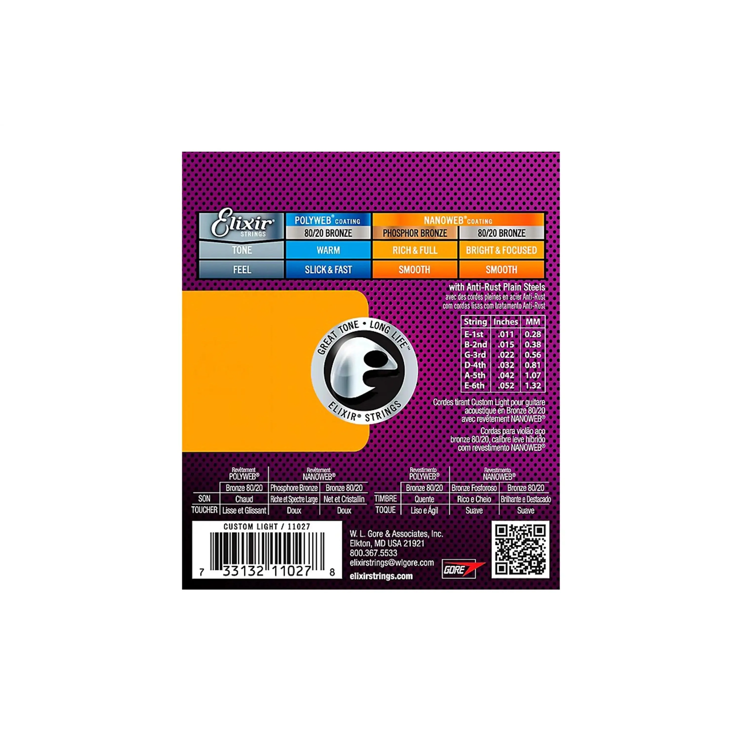 Elixir 11027 Nanoweb 80/20 Bronze Acoustic Guitar Strings - Custom Light .011-.052 - Image 2
