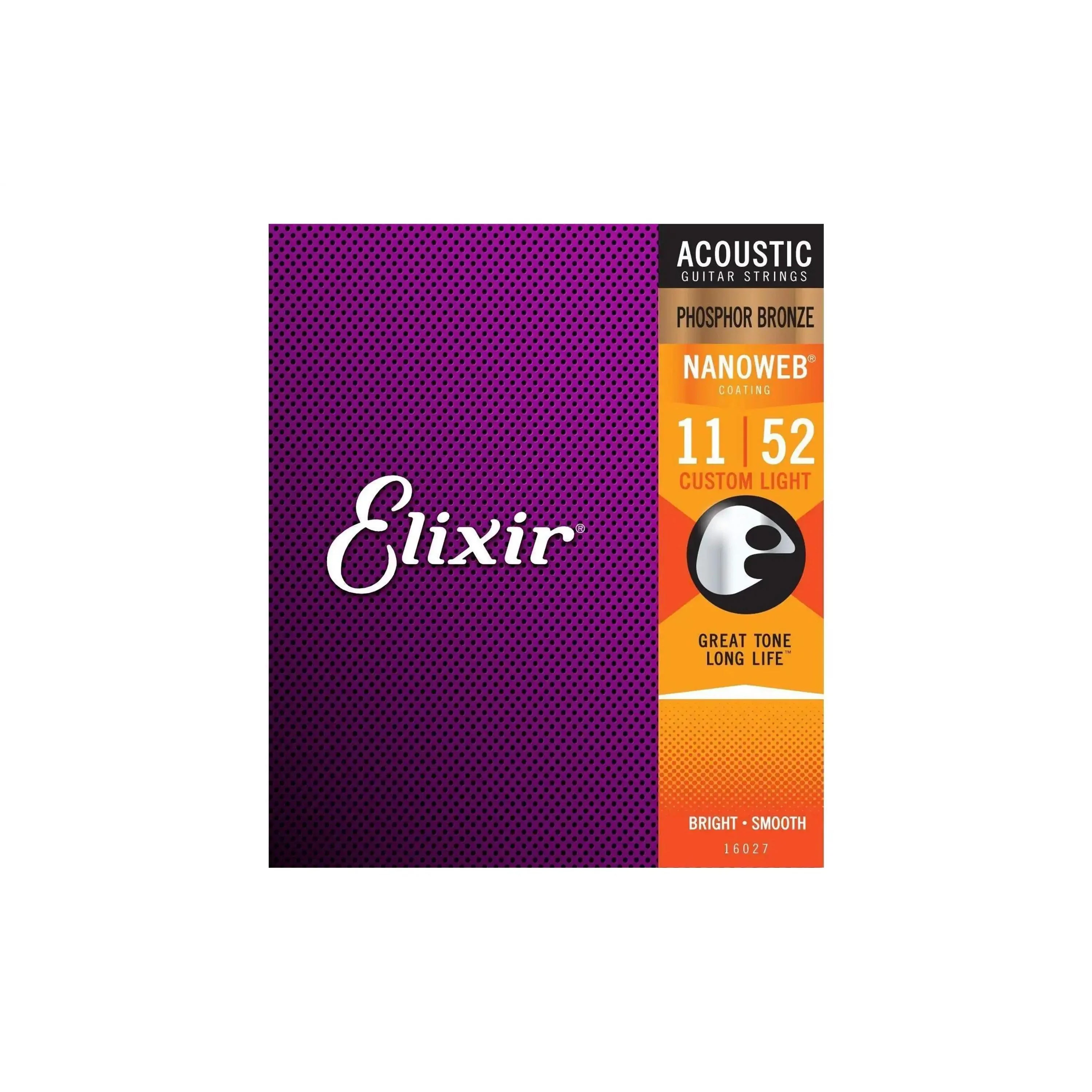 Elixir 16027 Phosphor Bronze With Nanoweb Coating Acoustic Guitar Strings - Custom Light .011-.052