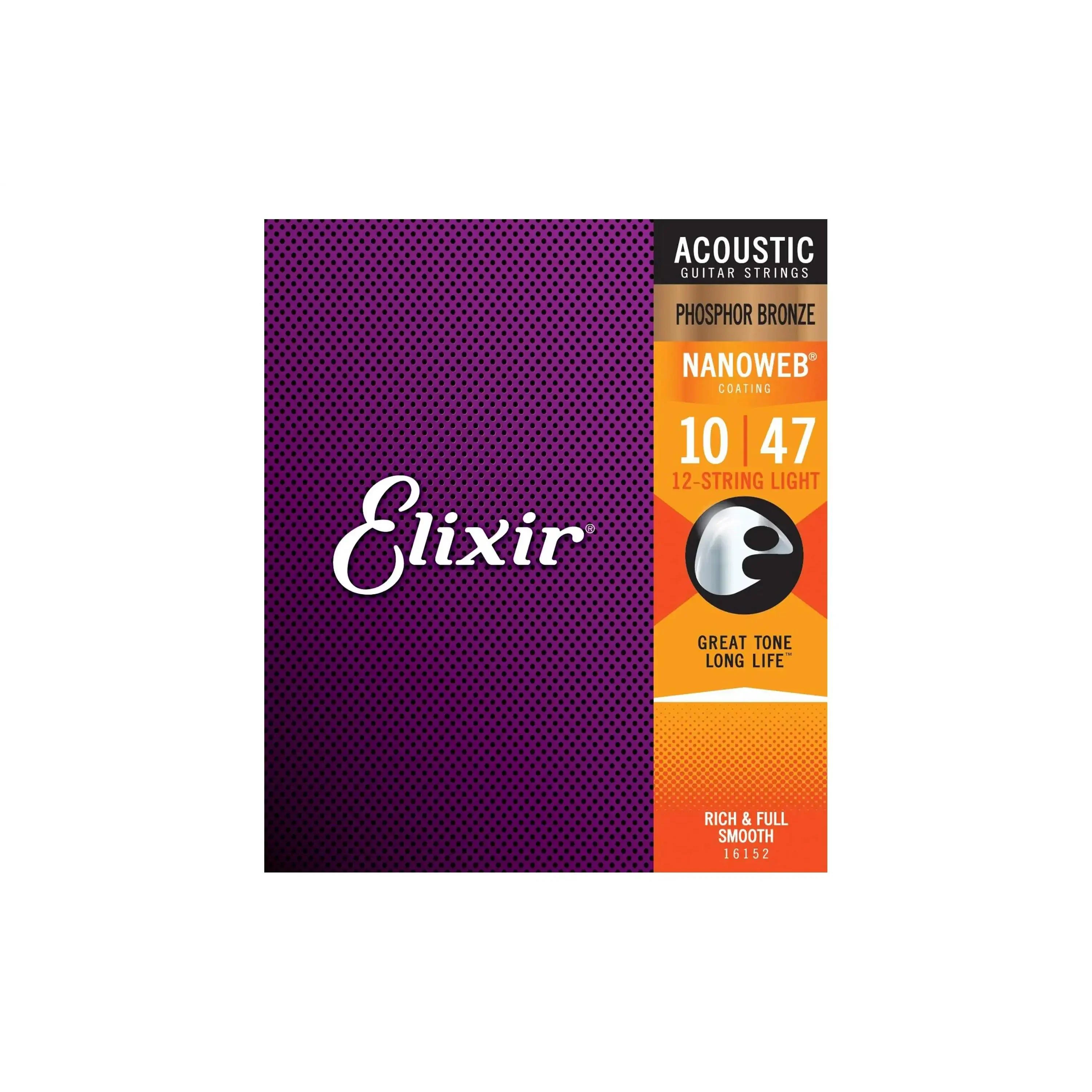Elixir 16152 Phosphor Bronze With Nanoweb Coating Acoustic 12-String Guitar Strings - Light .010-.047