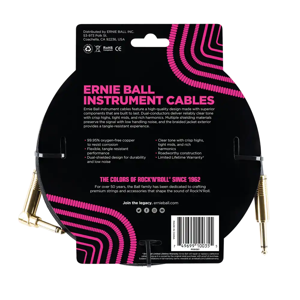 Ernie Ball 10 Foot Braided Straight/Angle Instrument Cable - BLACK - Image 2
