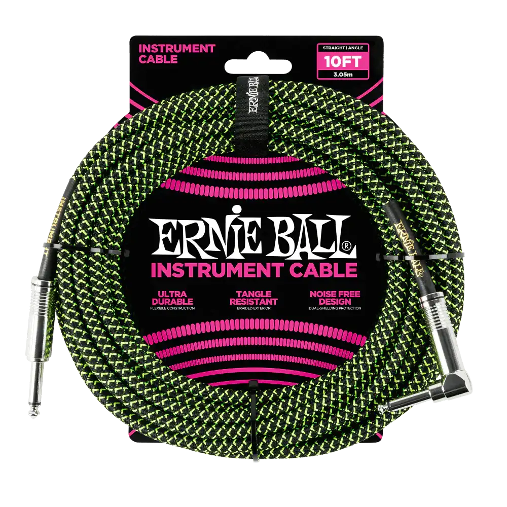 Ernie Ball 10 Foot Braided Straight/Angle Instrument Cable - BLACK / GREEN