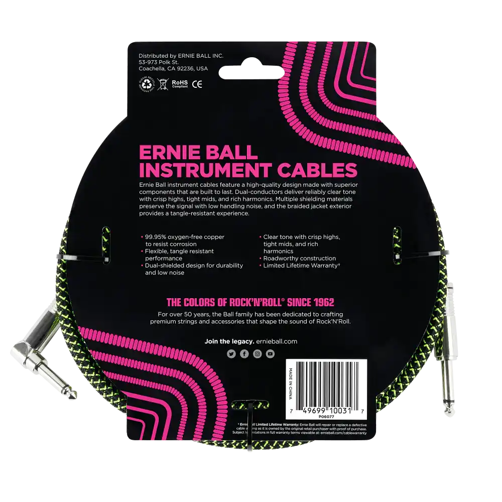 Ernie Ball 10 Foot Braided Straight/Angle Instrument Cable - BLACK / GREEN - Image 2