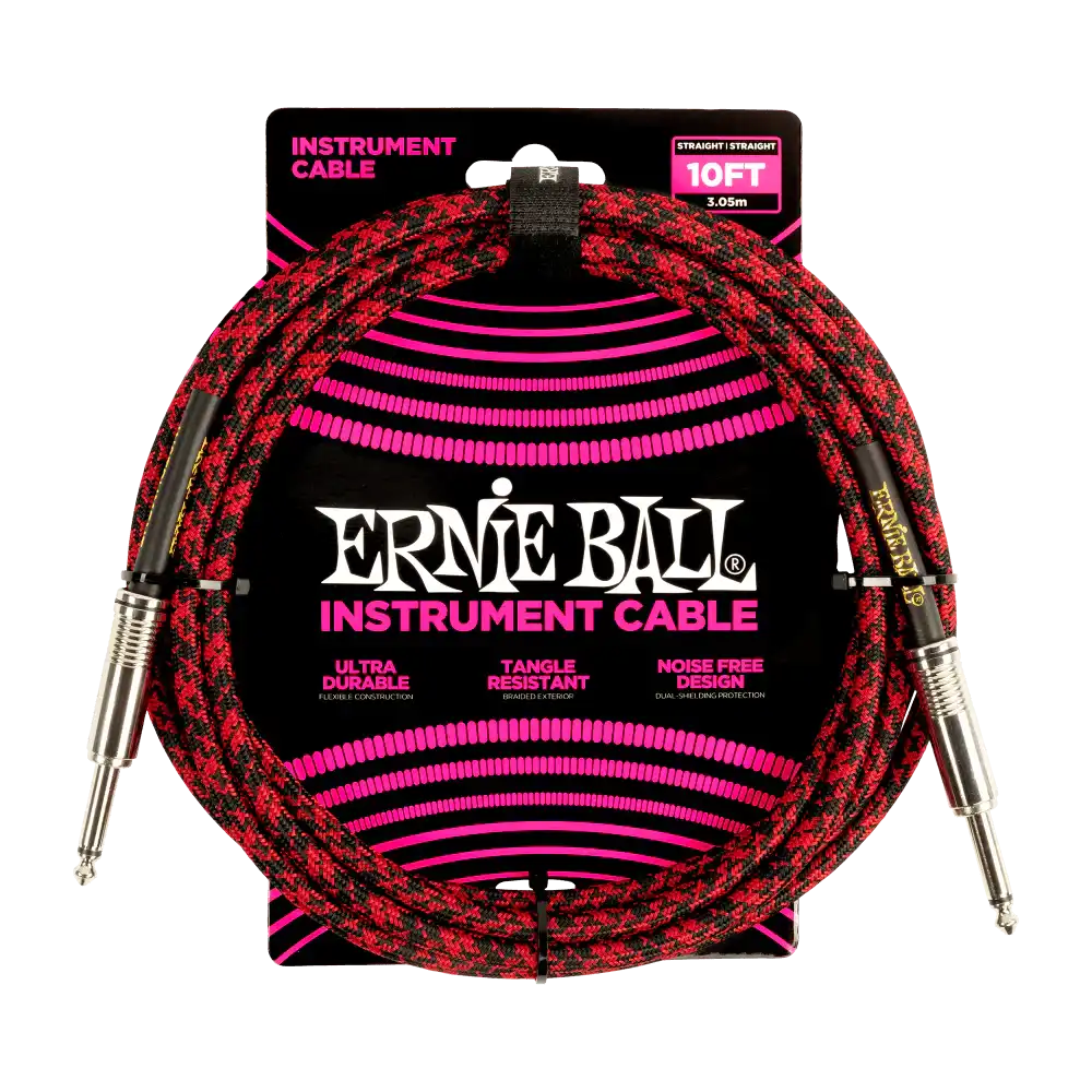 Ernie Ball 10 Foot Braided Straight/Straight Instrument Cable - RED/BLACK