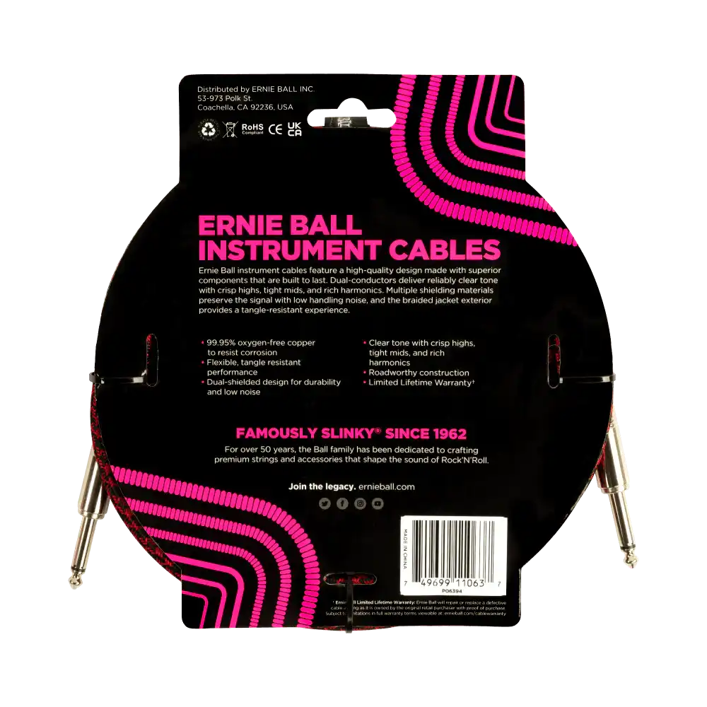 Ernie Ball 10 Foot Braided Straight/Straight Instrument Cable - RED/BLACK - Image 2