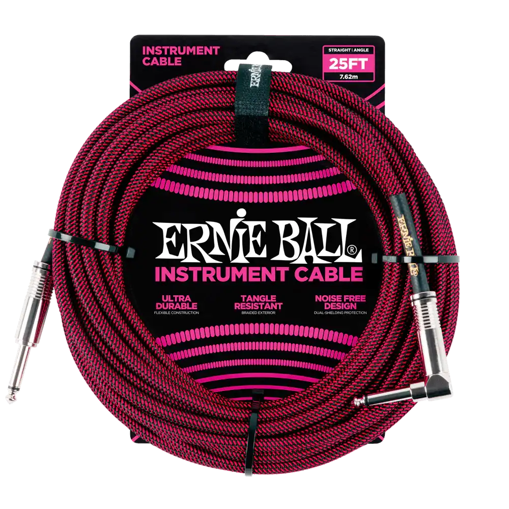 Ernie Ball 25 Foot Braided Straight/Angle Instrument Cable - BLACK / RED