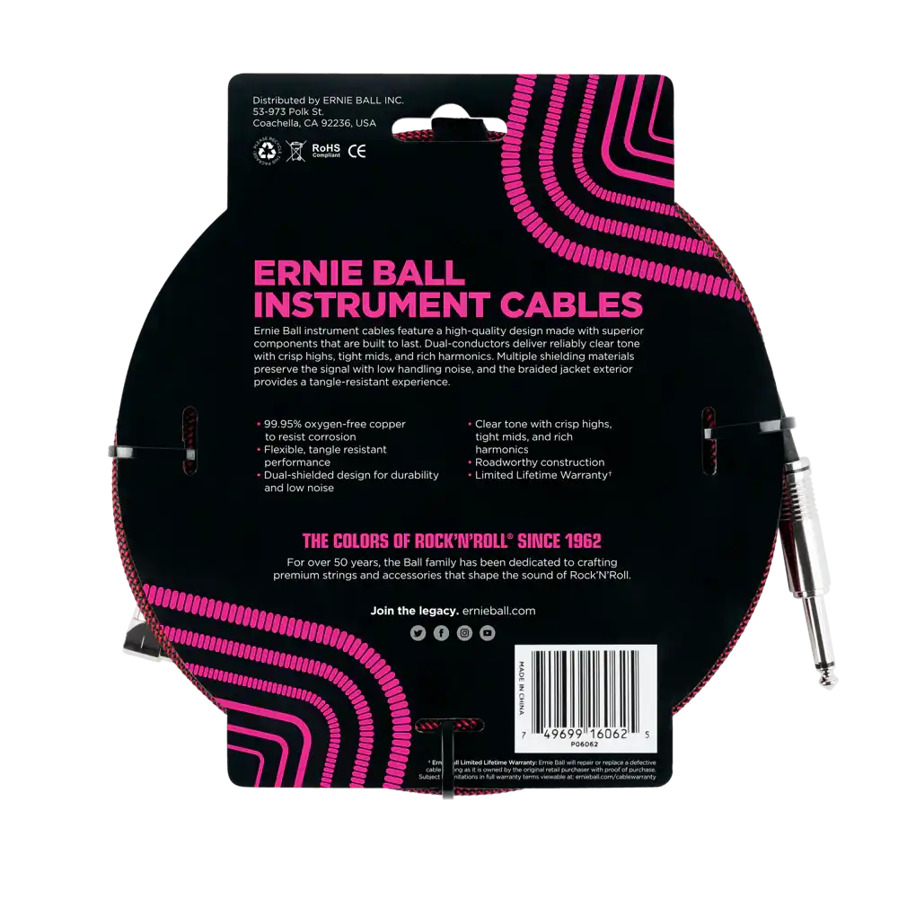 Ernie Ball 25 Foot Braided Straight/Angle Instrument Cable - BLACK / RED - Image 2