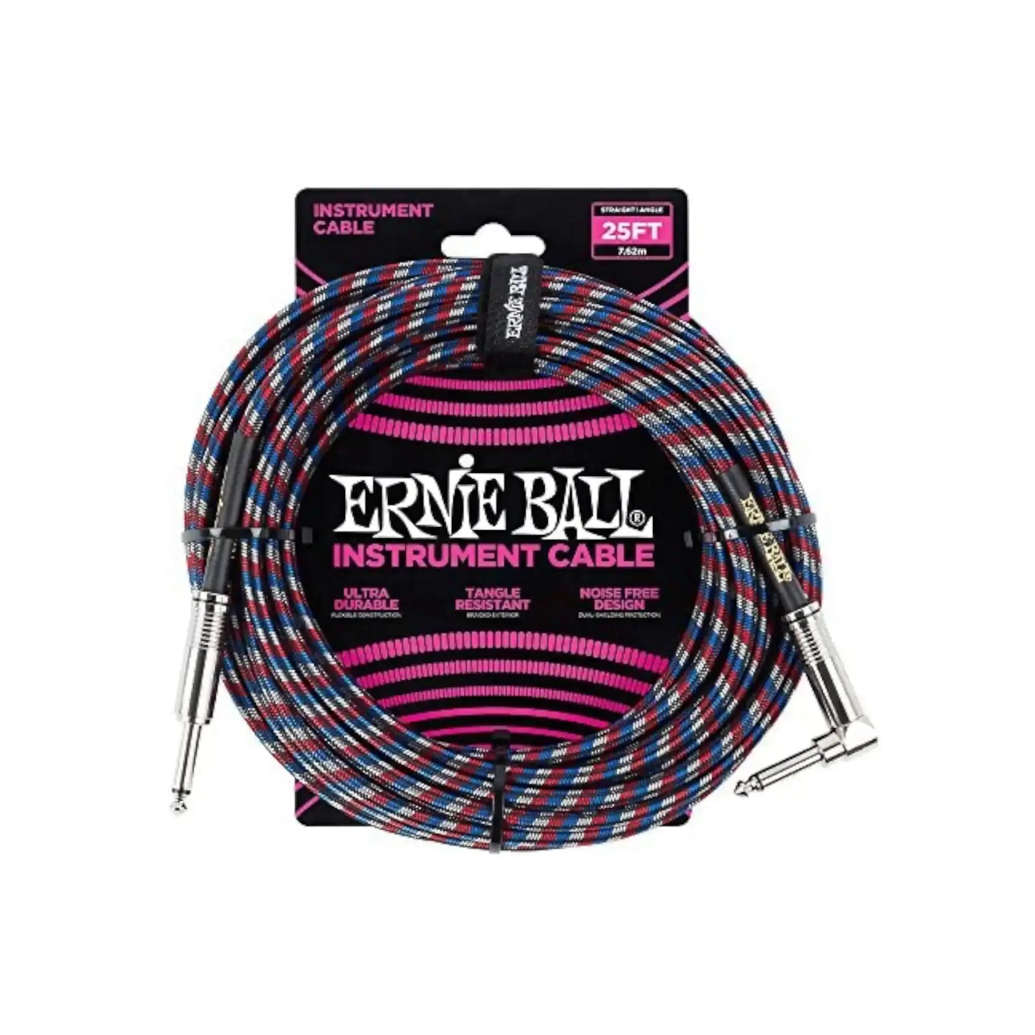 Ernie Ball 25 Foot Braided Straight/Angle Instrument Cable - BLACK / RED / BLUE / WHITE