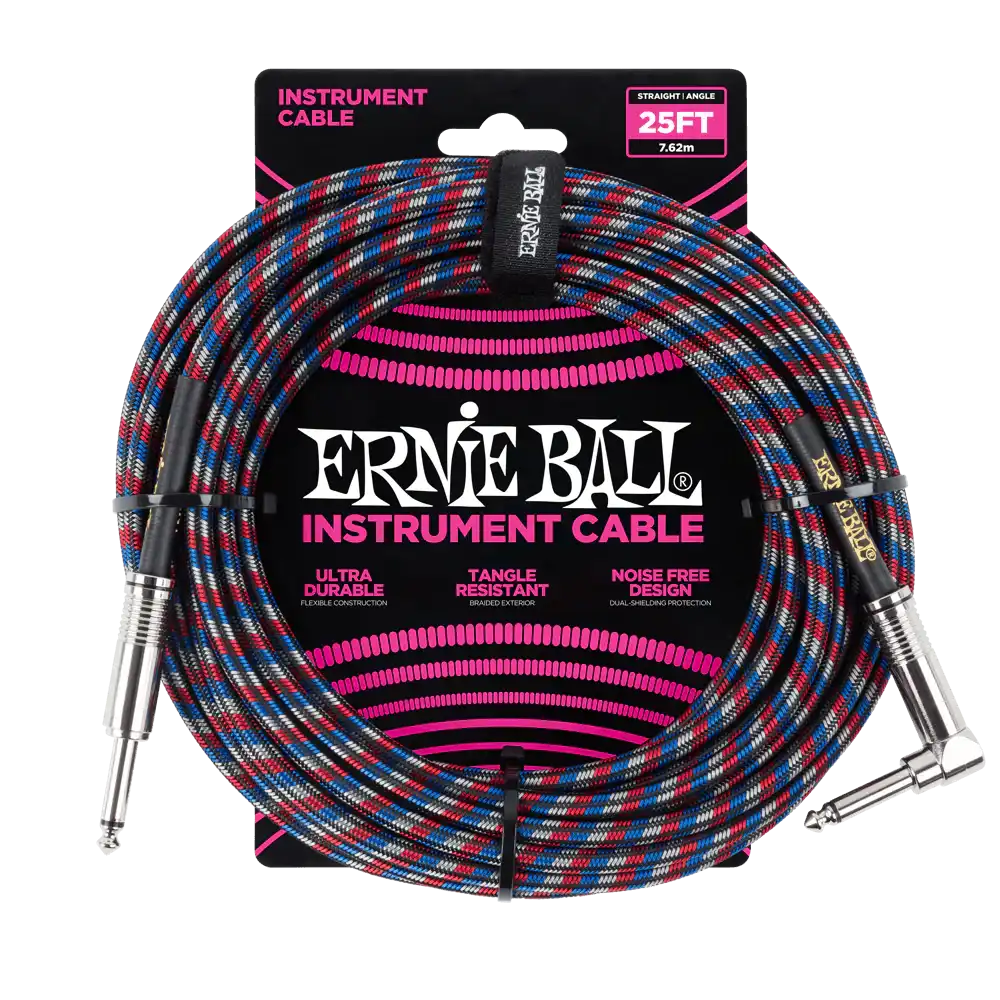 Ernie Ball 25 Foot Braided Straight/Angle Instrument Cable - BLACK / RED / BLUE / WHITE - Image 3