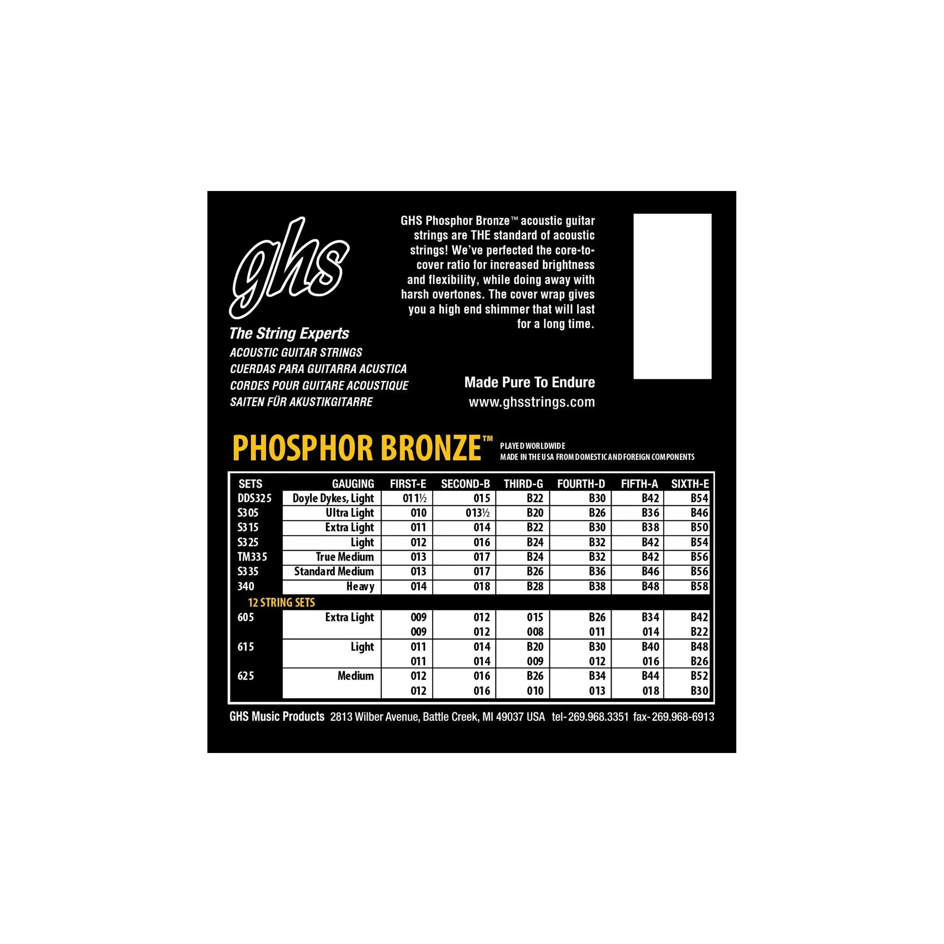 GHS S325 Phosphor Bronze Acoustic Guitar Strings - Light .012-.054 - Image 2