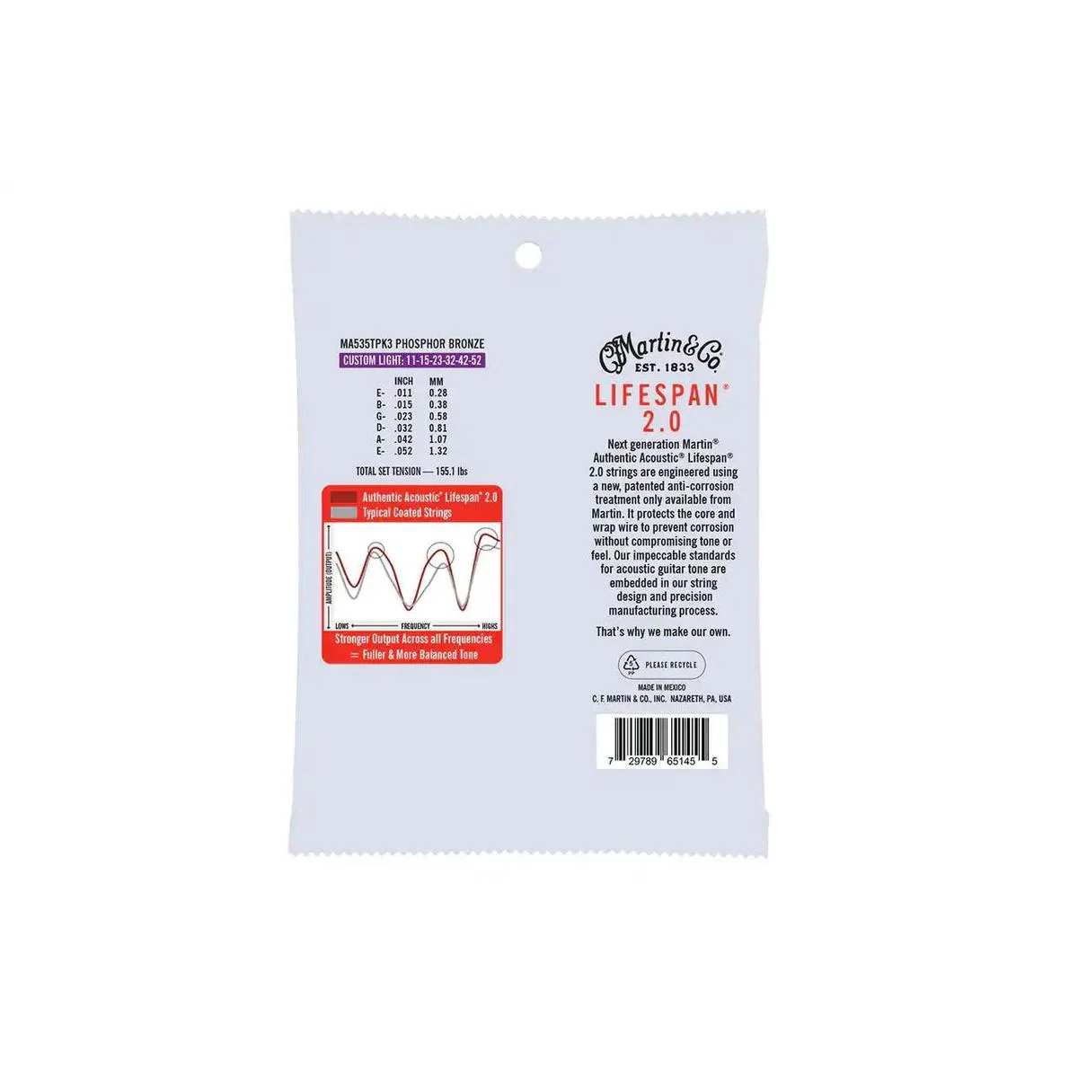 Martin 3-Pack Authentic Acoustic Phosphor Bronze Guitar Strings - Custom Light .011-.052 - Image 2