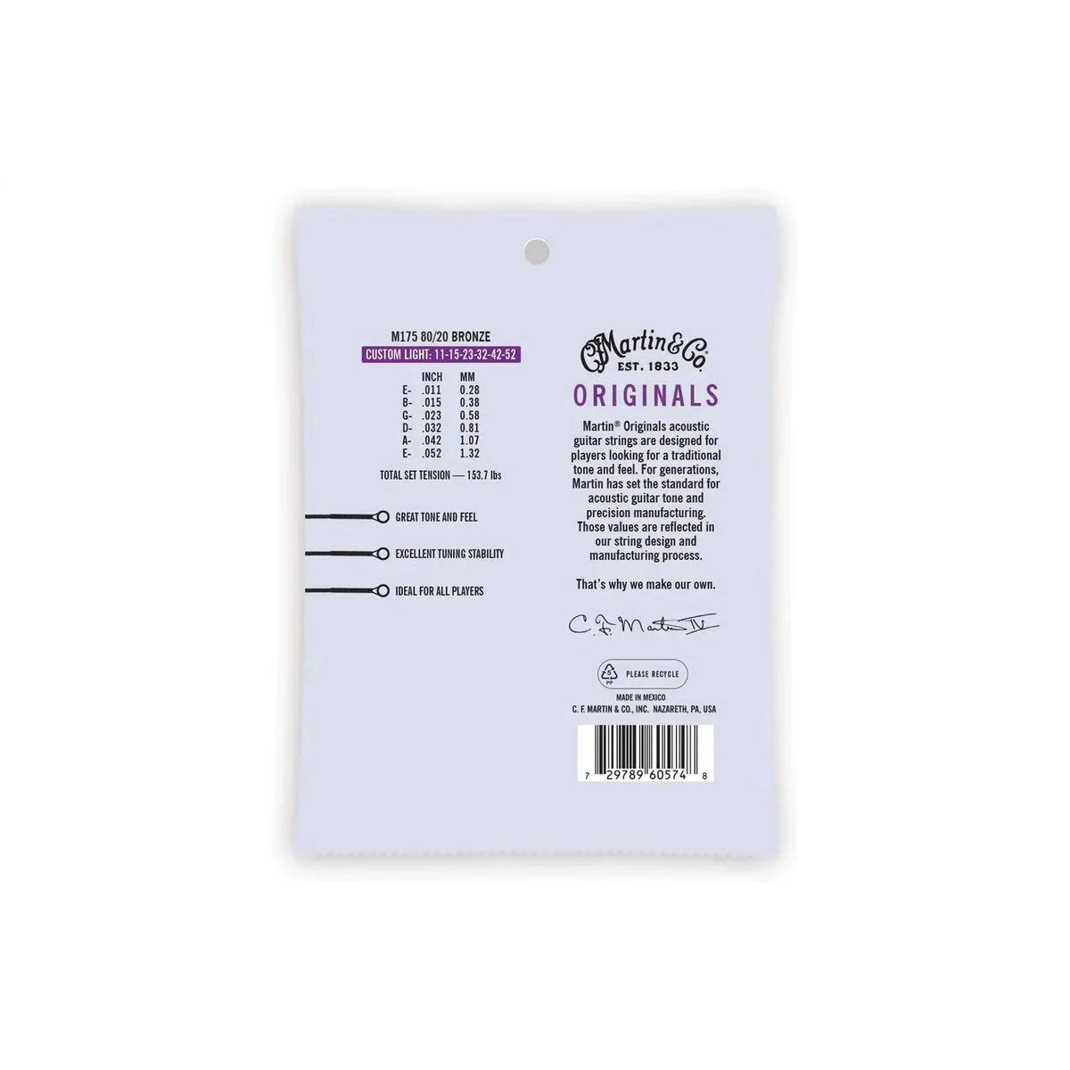 Martin M175 Acoustic 80/20 Bronze Guitar Strings - Custom Light .011-.052 - Image 2