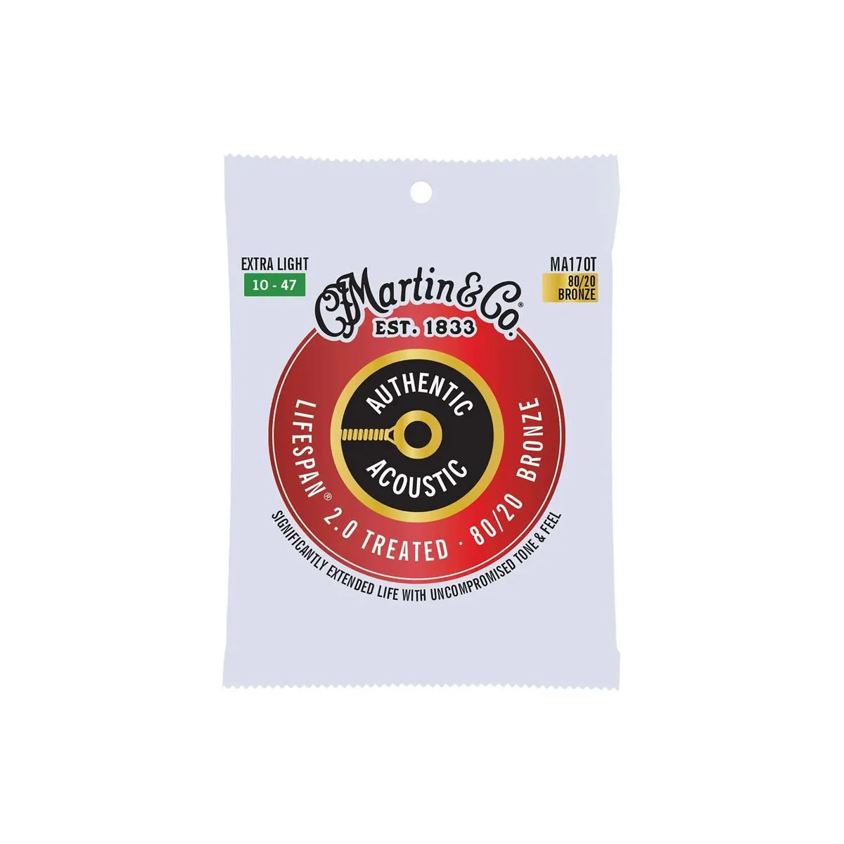 Martin MA170T 80/20 Bronze Lifespan 2.0 Authentic Acoustic Guitar Strings - Extra Light .010-.047