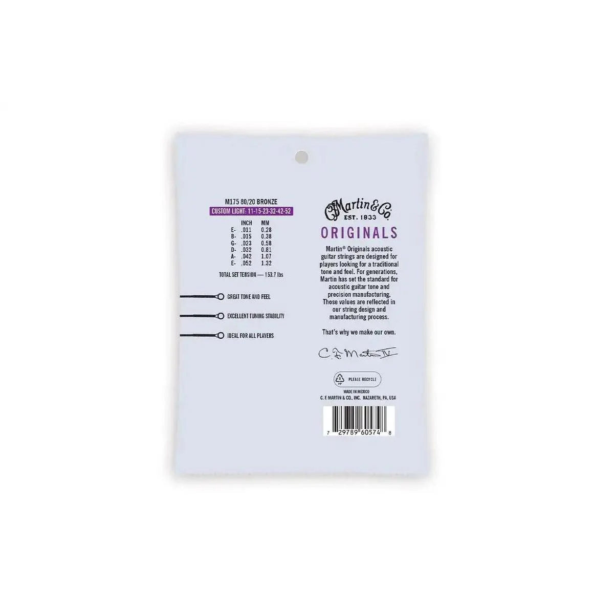 Martin MA175 Acoustic 80/20 Bronze Guitar Strings - Custom Light .011-.052 - Image 2