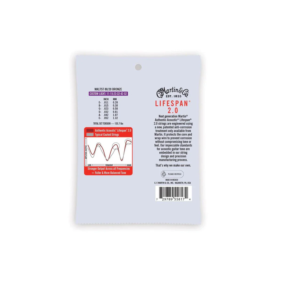 Martin MA175T Authentic Acoustic Lifespan 2.0 Treated 80/20 Bronze Guitar Strings - .011-.052 Custom Light - Image 2