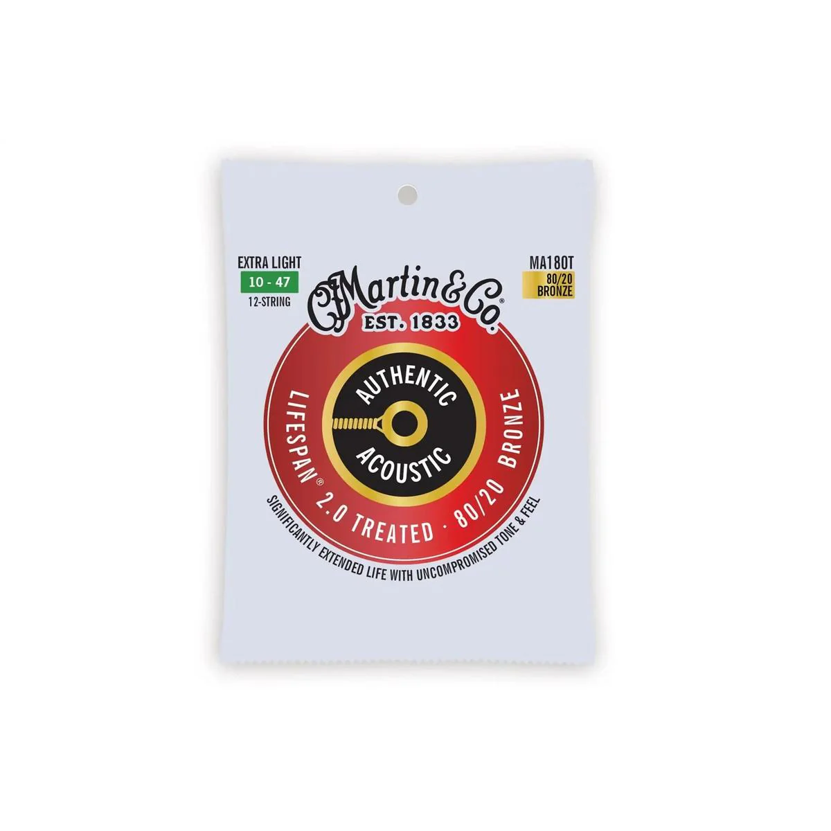Martin MA180T 80/20 Bronze Lifespan 2.0 Authentic Acoustic 12-String Guitar Strings - Extra Light .010-.027