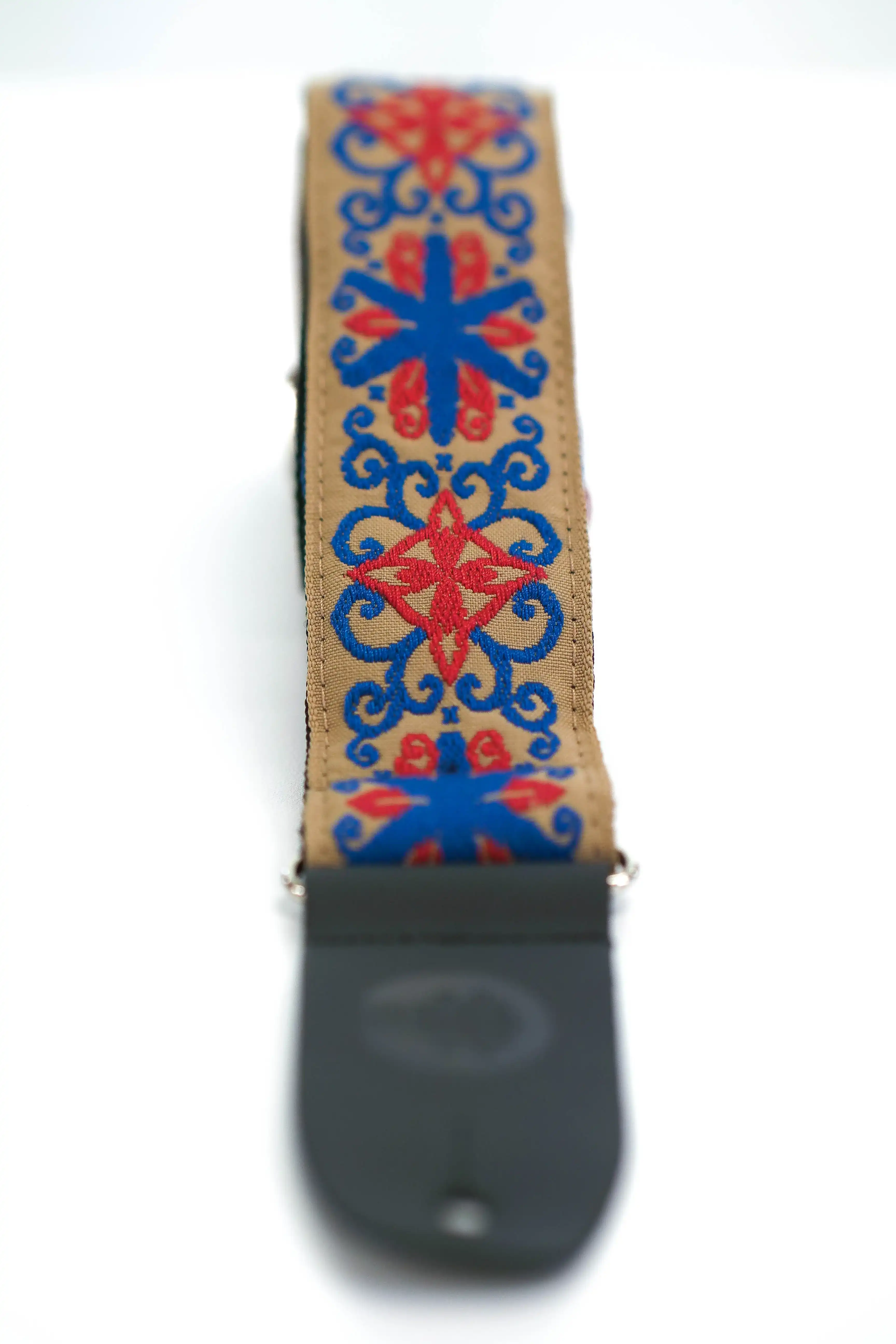 Terry Carter Music Store 2 Inch Deluxe Jacquard Guitar and Ukulele Strap - BLUE/RED WITH BLUE SPINNER - Image 3