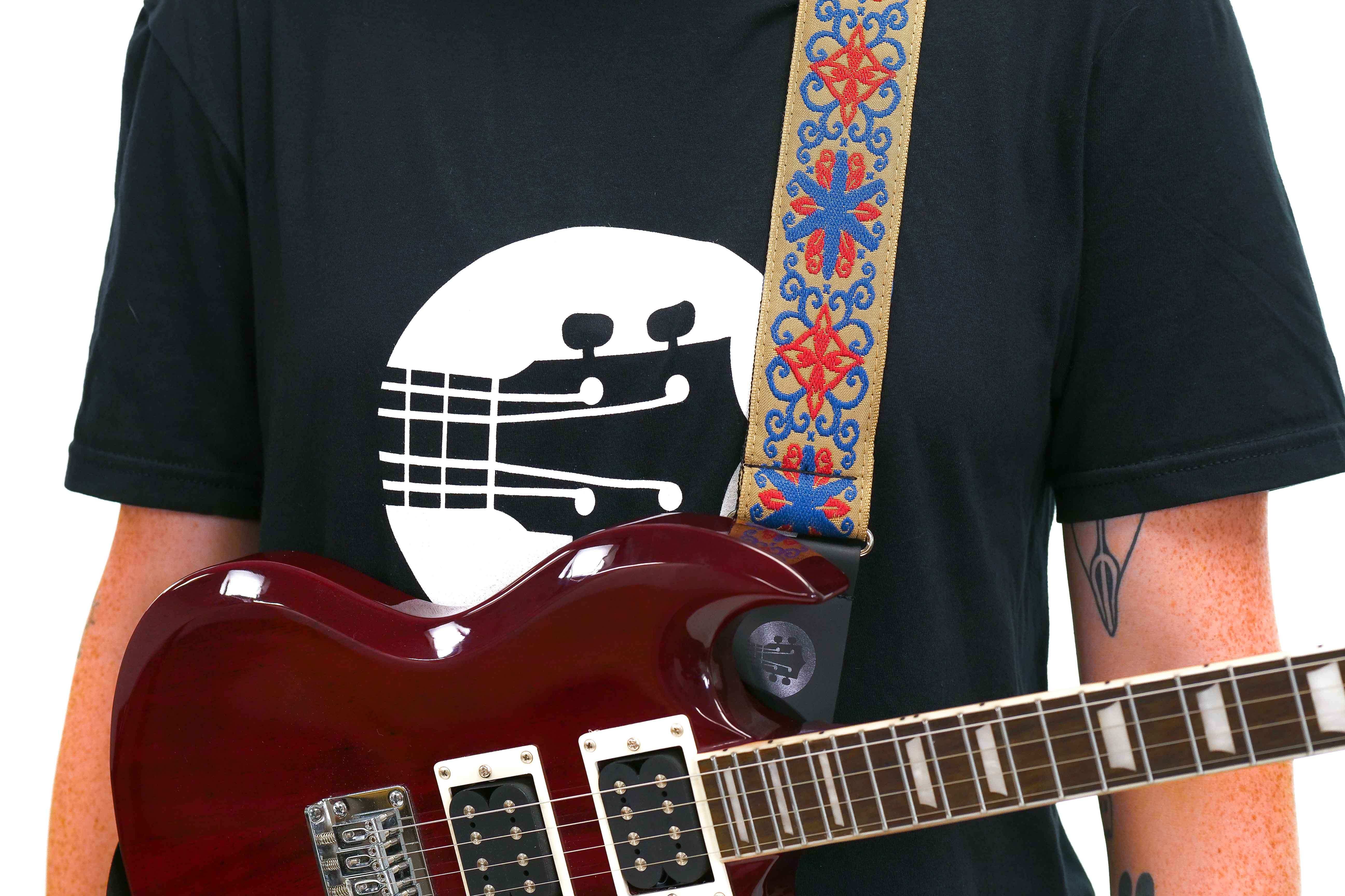 Terry Carter Music Store 2 Inch Deluxe Jacquard Guitar and Ukulele Strap - BLUE/RED WITH BLUE SPINNER - Image 7