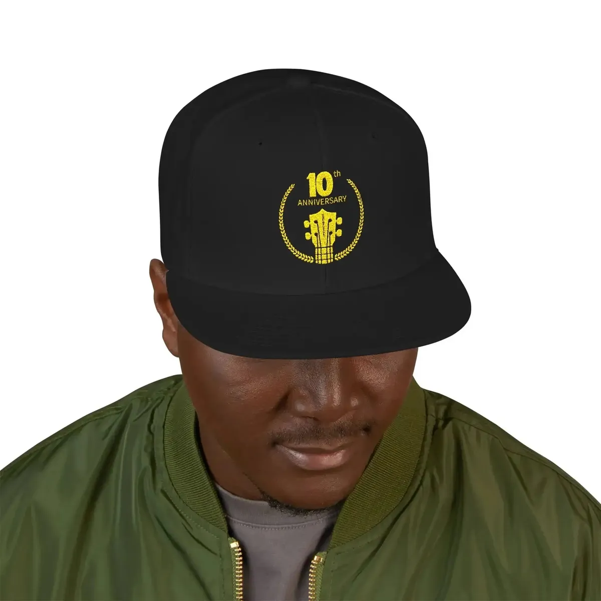 Uke Like The Pros 10th Anniversary Embroidered Snapback Hat - Gold Logo - Image 4