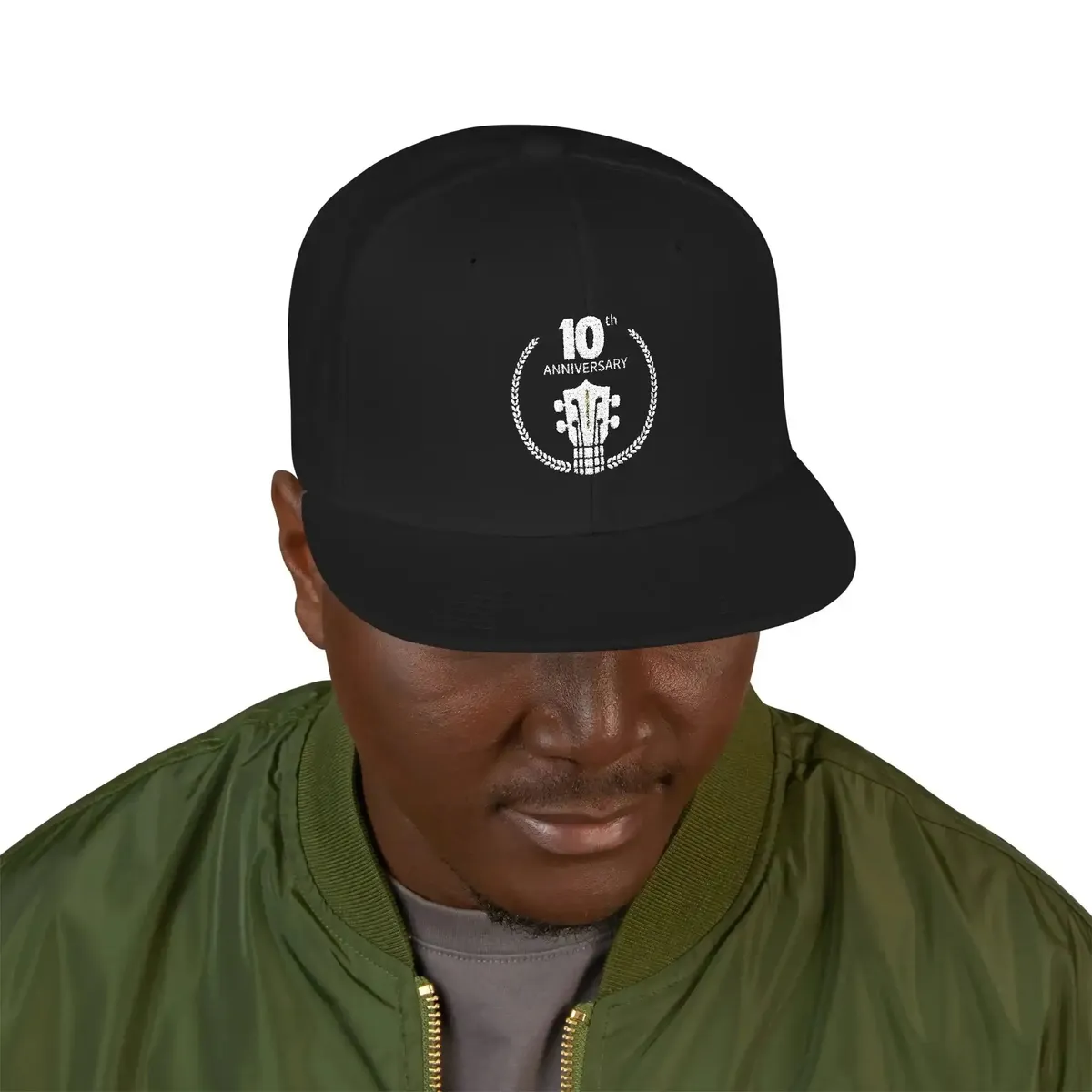 Uke Like The Pros 10th Anniversary Embroidered Snapback Hat - White Logo - Image 3