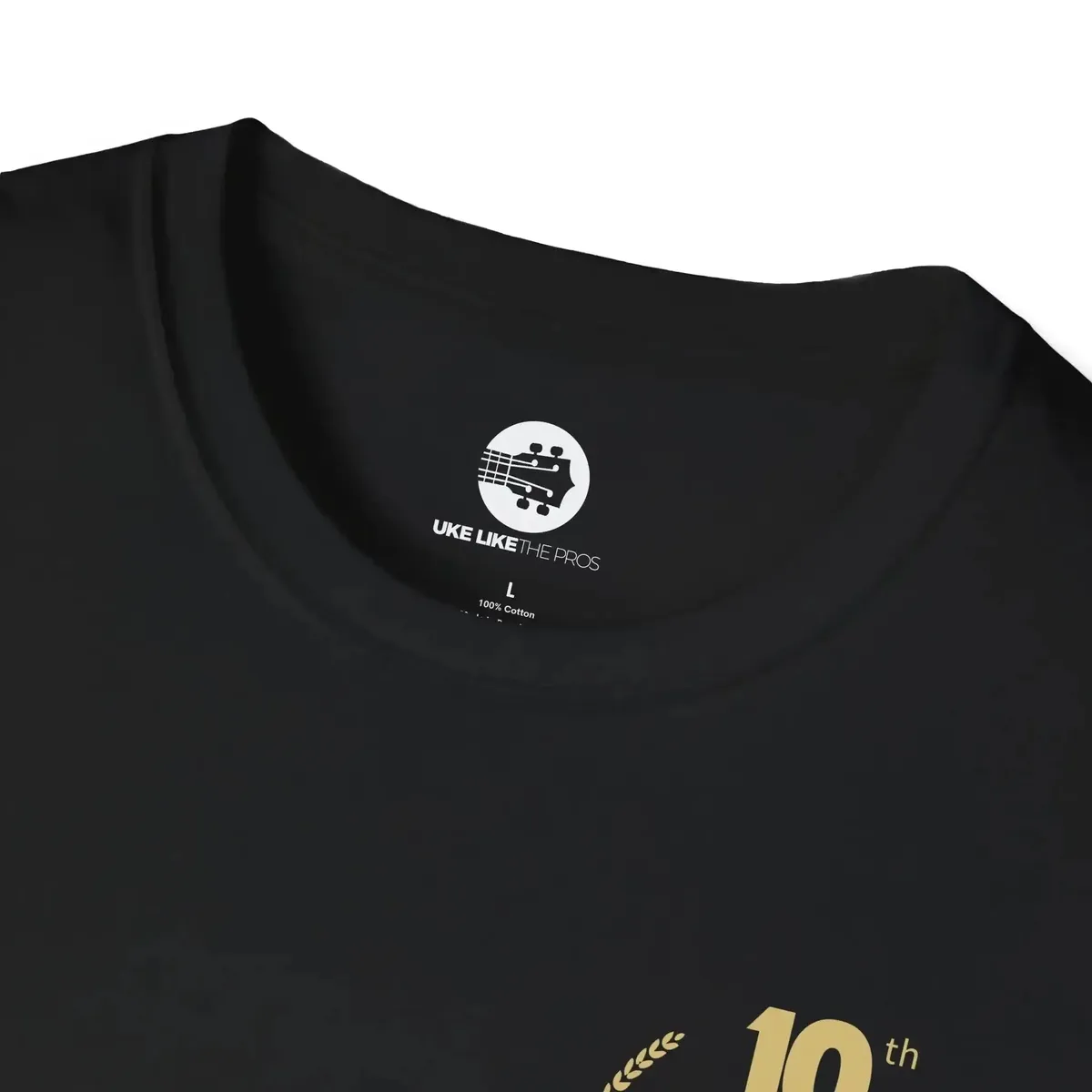 Uke Like The Pros 10th Anniversary T-Shirt — Gold Logo - Image 3